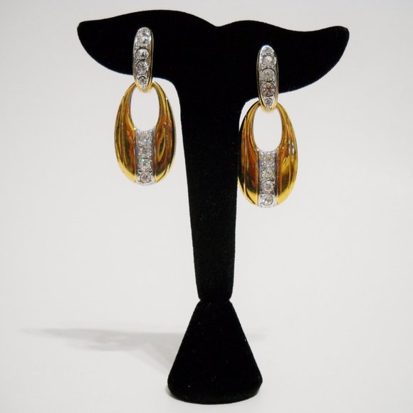 AV Signed Earrings Jacket Set Crystal Rhinestone Gold Tone Metal Oval Drop Post - Picture 3 of 13